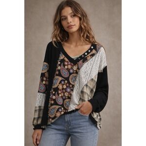 POL Overlay V-Neck Plaid Thermal Top